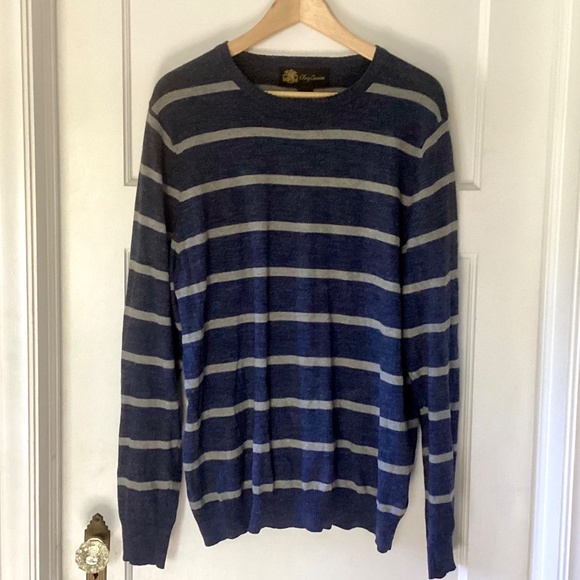 Oleg Cassini Men Sweater M Blue Gray Striped Cashmere Blend Lightweight Pullover - Picture 3 of 14